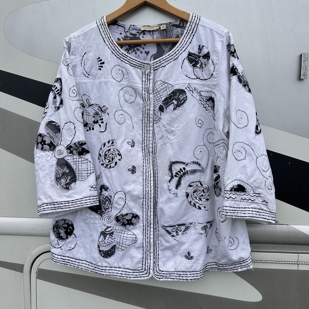 Choices Black & White Embroidered Shacket Size 1X Womens Lined Open Front Cotton
